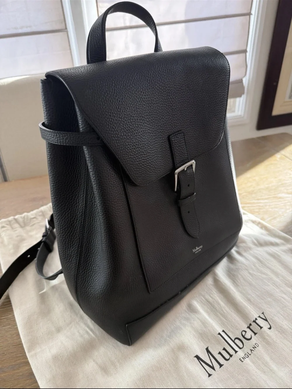 Mulberry Black Pebbled Leather Backpack with Buckle Flap